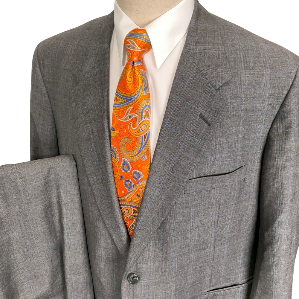 Tom James Executive Suit Mens 48R 40W Gray Glen Plaid Bespoke Neutral USA VTG